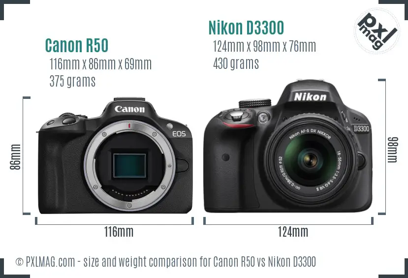 Canon R50 vs Nikon D3300 size comparison Canon R50 vs Nikon D3300 size comparison