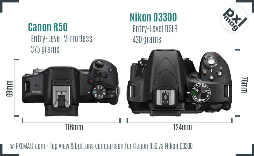 Canon R50 vs Nikon D3300 top view buttons comparison Canon R50 vs Nikon D3300 top view buttons comparison