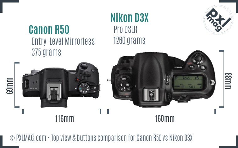 Canon R50 vs Nikon D3X top view buttons comparison