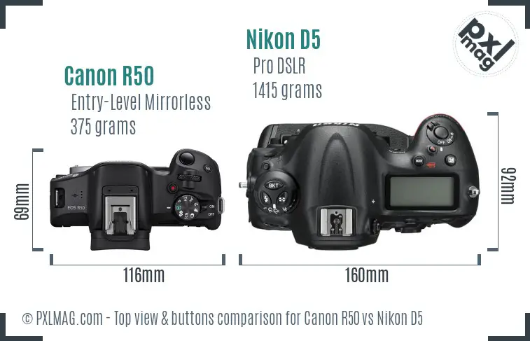 Canon R50 vs Nikon D5 top view buttons comparison Canon R50 vs Nikon D5 top view buttons comparison