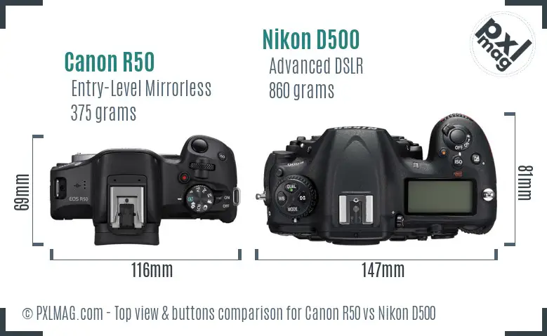 Canon R50 vs Nikon D500 top view buttons comparison