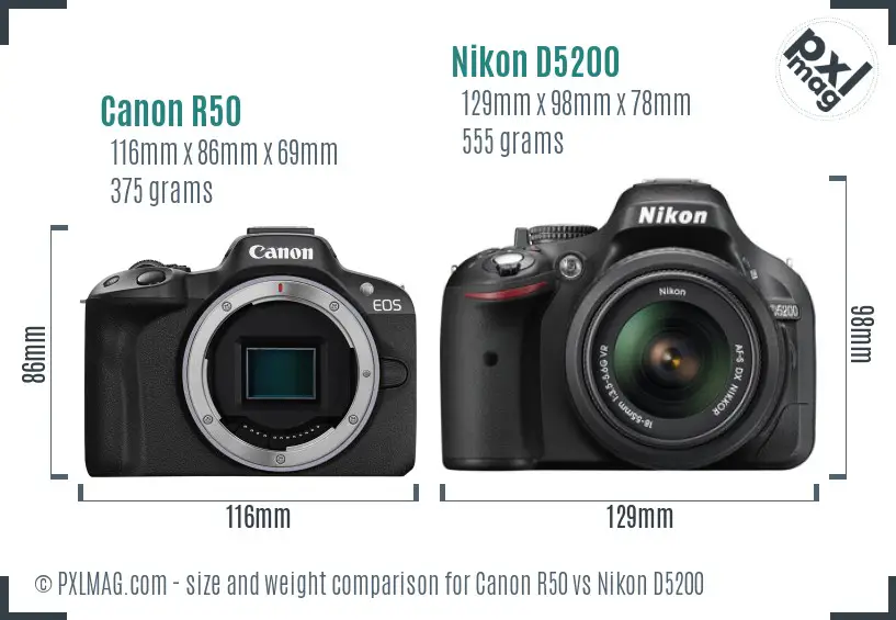 Canon R50 vs Nikon D5200 size comparison Canon R50 vs Nikon D5200 size comparison