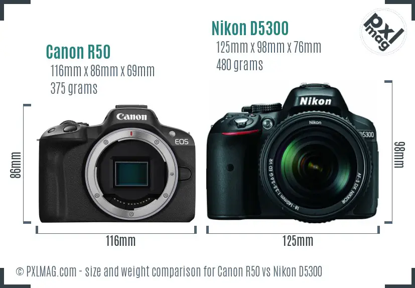 Canon R50 vs Nikon D5300 size comparison Canon R50 vs Nikon D5300 size comparison
