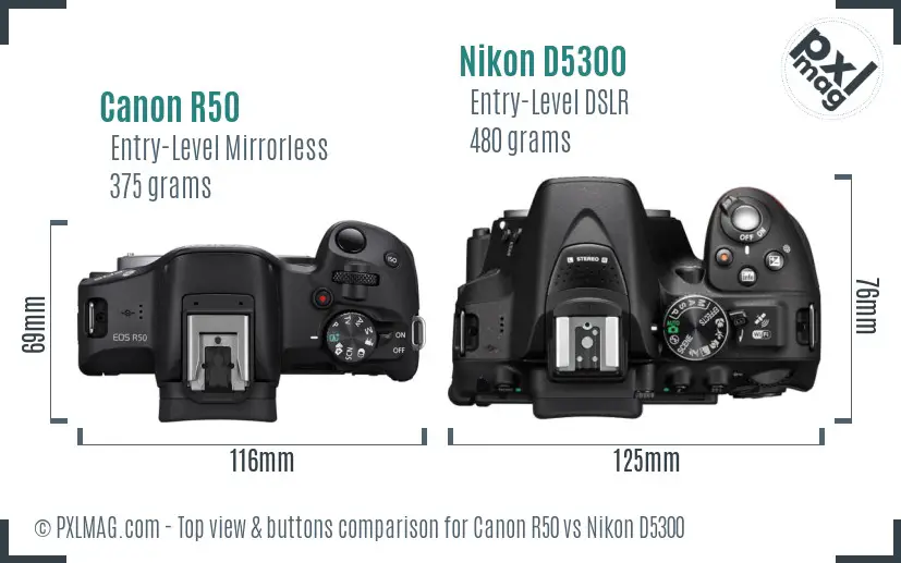 Canon R50 vs Nikon D5300 top view buttons comparison Canon R50 vs Nikon D5300 top view buttons comparison