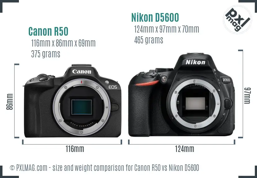 Canon R50 vs Nikon D5600 size comparison Canon R50 vs Nikon D5600 size comparison