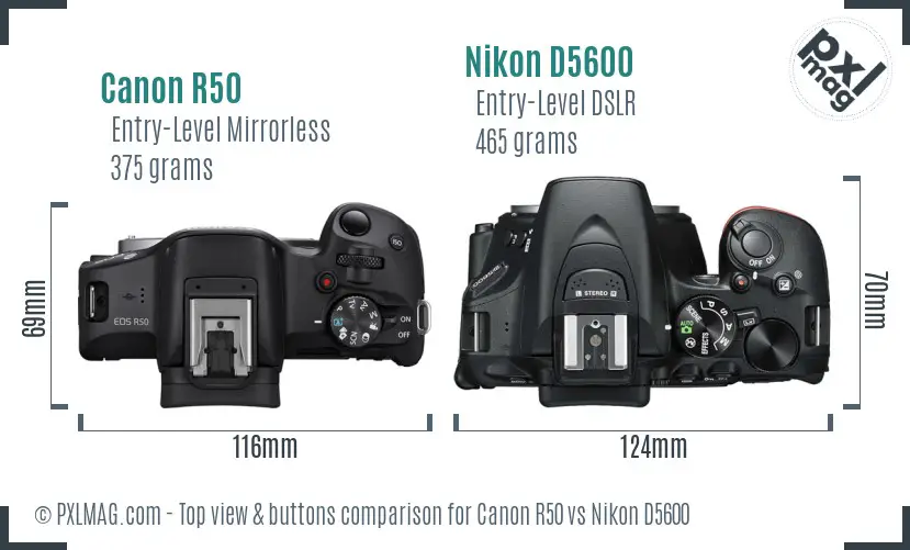 Canon R50 vs Nikon D5600 top view buttons comparison Canon R50 vs Nikon D5600 top view buttons comparison