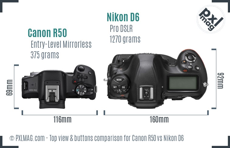 Canon R50 vs Nikon D6 top view buttons comparison