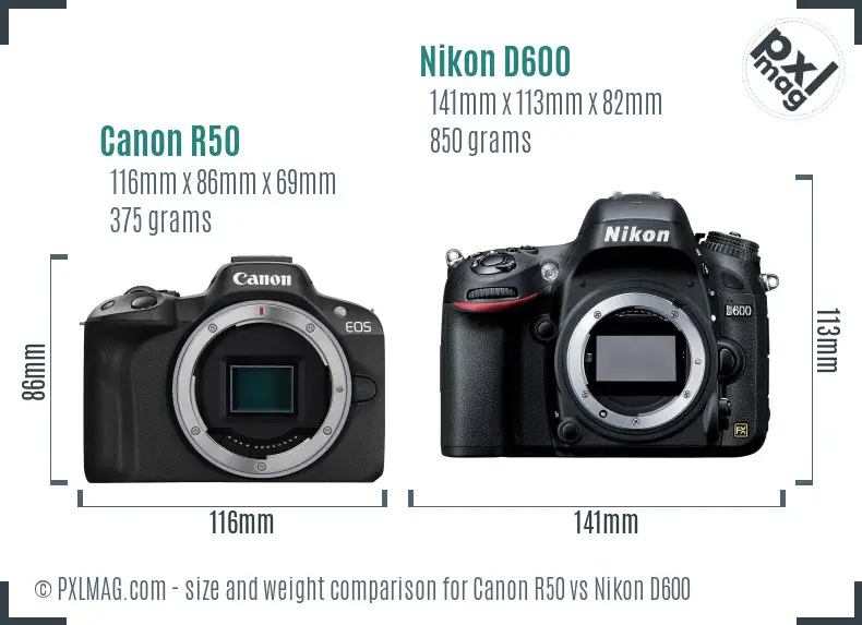 Canon R50 vs Nikon D600 size comparison Canon R50 vs Nikon D600 size comparison