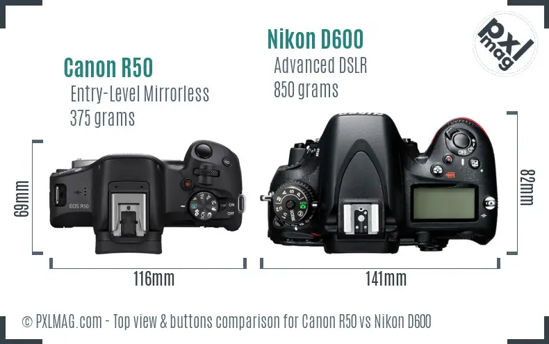 Canon R50 vs Nikon D600 top view buttons comparison Canon R50 vs Nikon D600 top view buttons comparison