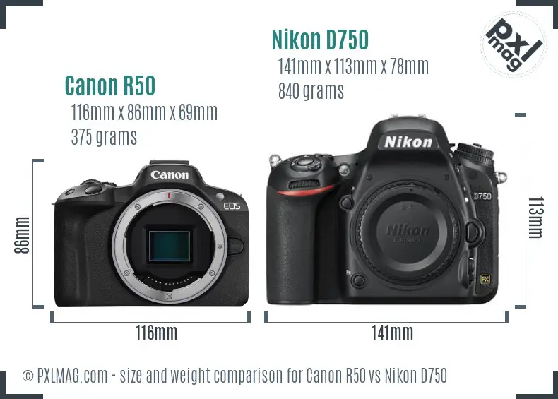 Canon R50 vs Nikon D750 size comparison