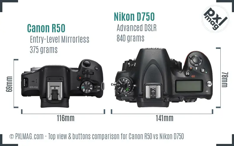 Canon R50 vs Nikon D750 top view buttons comparison