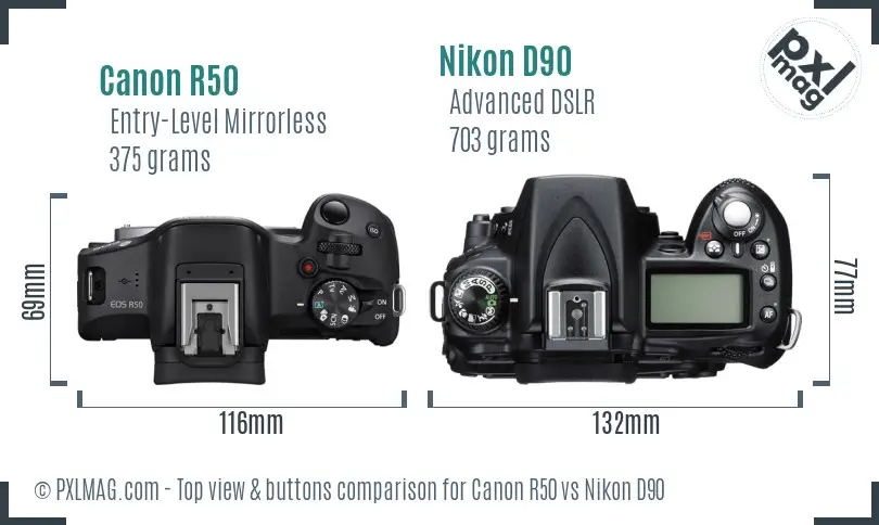 Canon R50 vs Nikon D90 top view buttons comparison Canon R50 vs Nikon D90 top view buttons comparison