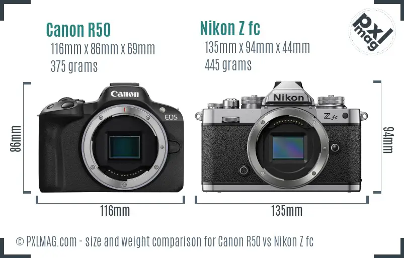 Canon R50 vs Nikon Z fc size comparison
