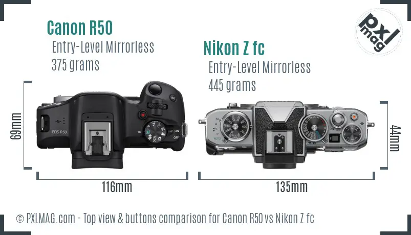 Canon R50 vs Nikon Z fc top view buttons comparison