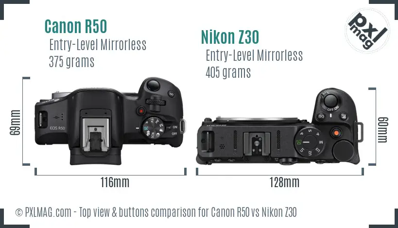 Canon R50 vs Nikon Z30 top view buttons comparison
