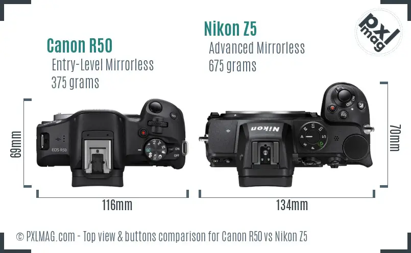 Canon R50 vs Nikon Z5 top view buttons comparison