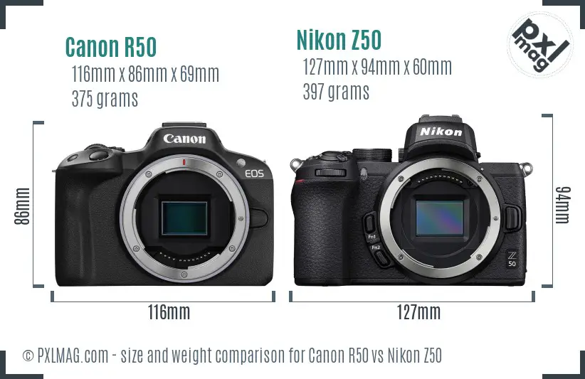 Canon R50 vs Nikon Z50 size comparison
