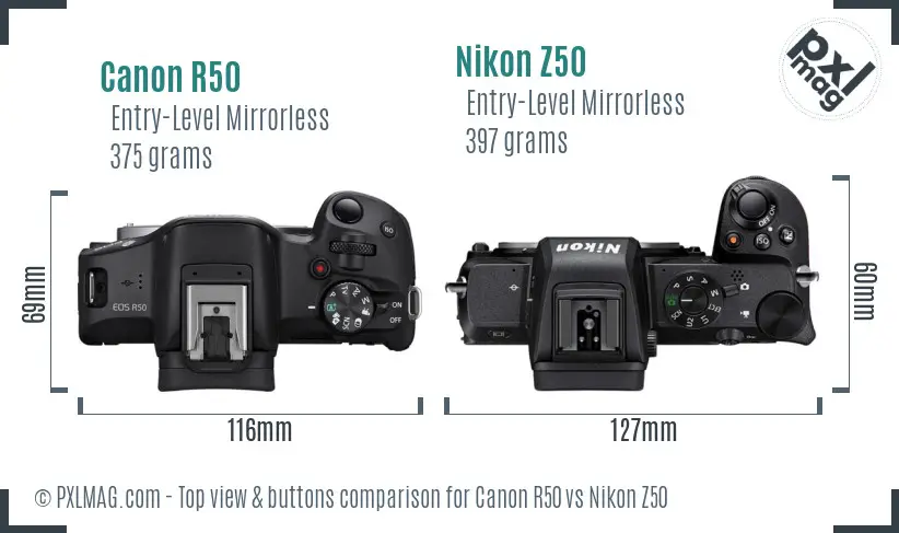 Canon R50 vs Nikon Z50 top view buttons comparison