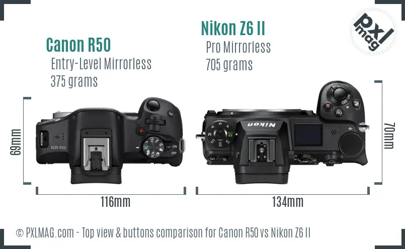 Canon R50 vs Nikon Z6 II top view buttons comparison