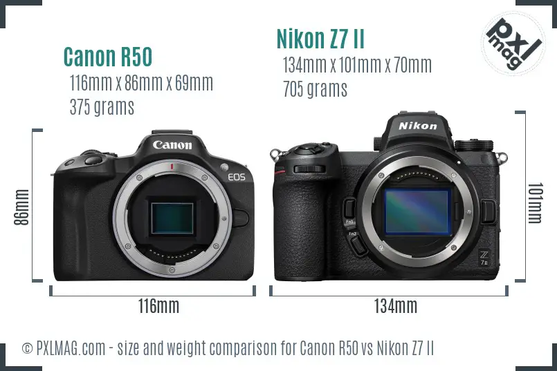 Canon R50 vs Nikon Z7 II size comparison