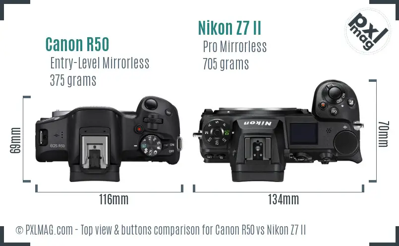 Canon R50 vs Nikon Z7 II top view buttons comparison