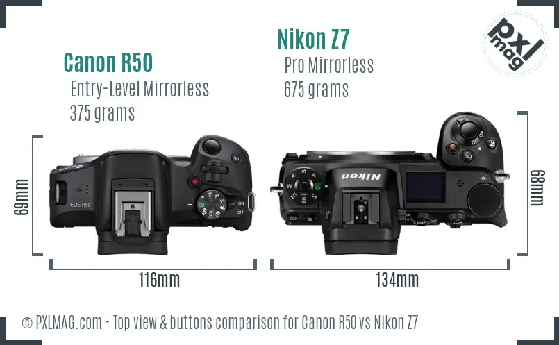 Canon R50 vs Nikon Z7 top view buttons comparison