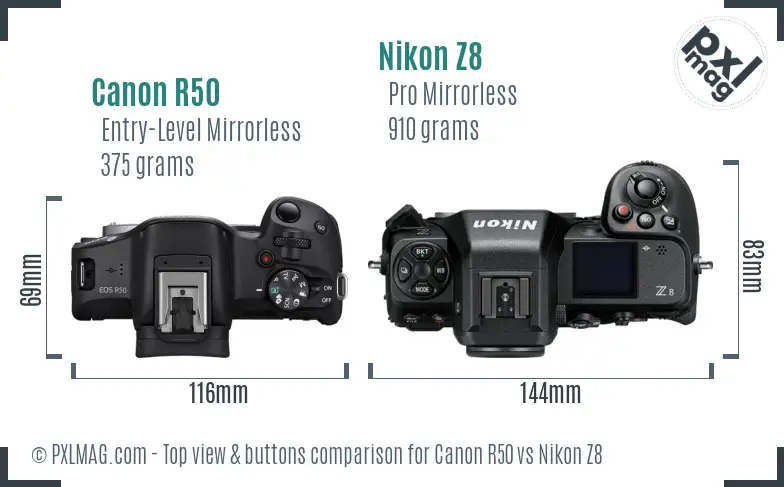 Canon R50 vs Nikon Z8 top view buttons comparison