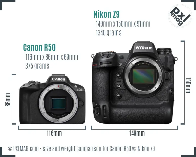 Canon R50 vs Nikon Z9 size comparison