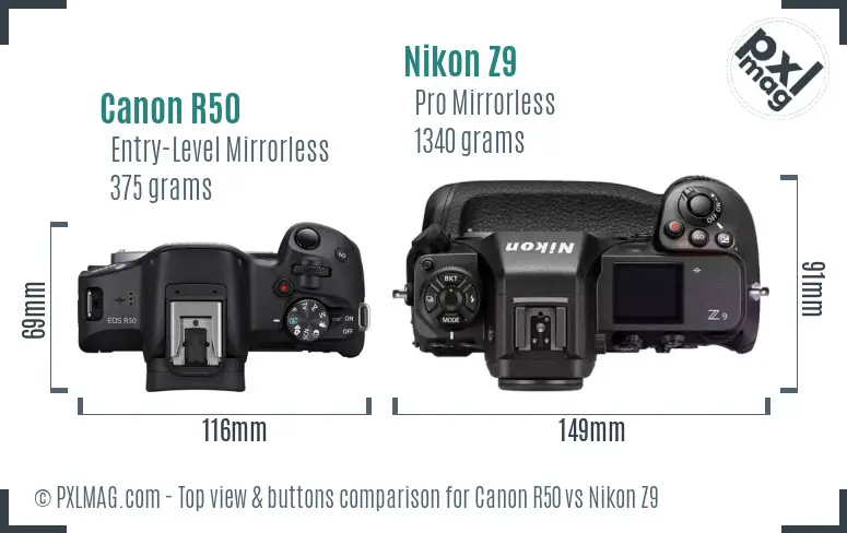 Canon R50 vs Nikon Z9 top view buttons comparison