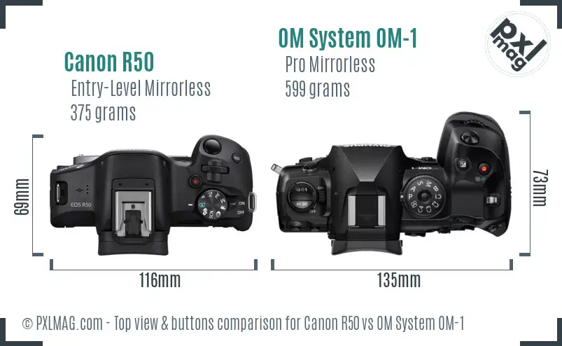 Canon R50 vs OM System OM-1 top view buttons comparison