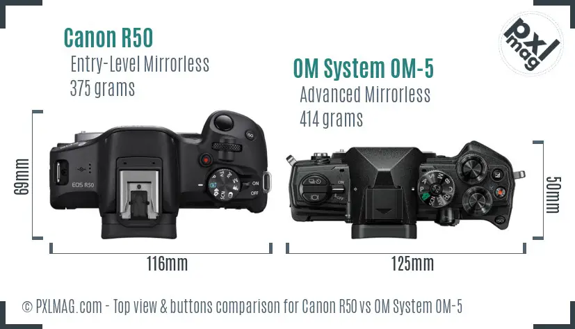 Canon R50 vs OM System OM-5 top view buttons comparison Canon R50 vs OM System OM-5 top view buttons comparison