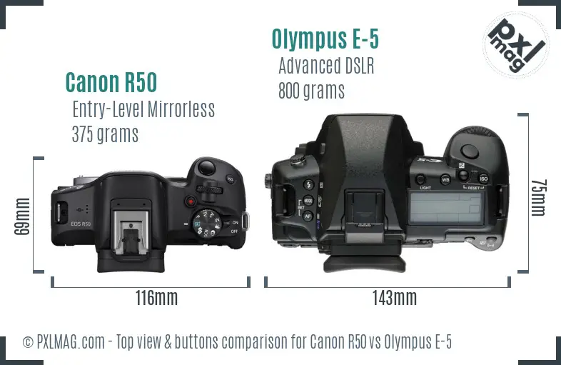 Canon R50 vs Olympus E-5 top view buttons comparison Canon R50 vs Olympus E-5 top view buttons comparison