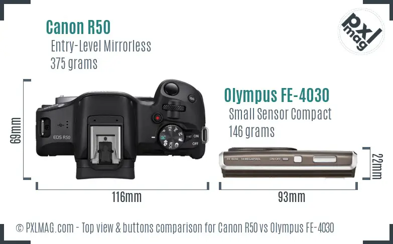 Canon R50 vs Olympus FE-4030 top view buttons comparison Canon R50 vs Olympus FE-4030 top view buttons comparison