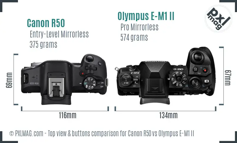 Canon R50 vs Olympus E-M1 II top view buttons comparison