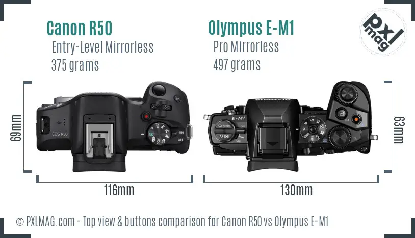 Canon R50 vs Olympus E-M1 top view buttons comparison Canon R50 vs Olympus E-M1 top view buttons comparison