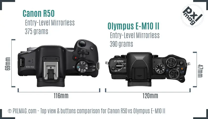 Canon R50 vs Olympus E-M10 II top view buttons comparison