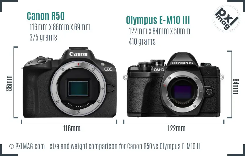 Canon R50 vs Olympus E-M10 III size comparison