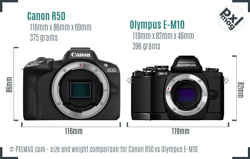 Canon R50 vs Olympus E-M10 size comparison