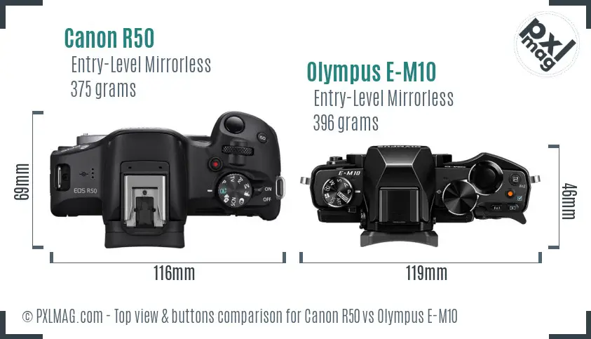 Canon R50 vs Olympus E-M10 top view buttons comparison