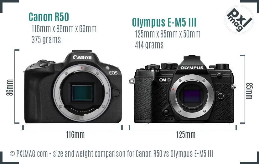 Canon R50 vs Olympus E-M5 III size comparison