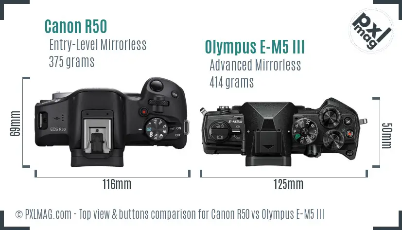 Canon R50 vs Olympus E-M5 III top view buttons comparison