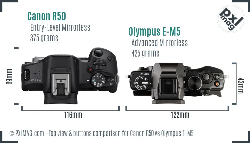 Canon R50 vs Olympus E-M5 top view buttons comparison