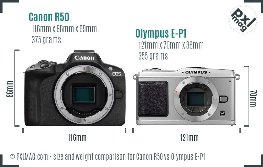 Canon R50 vs Olympus E-P1 size comparison