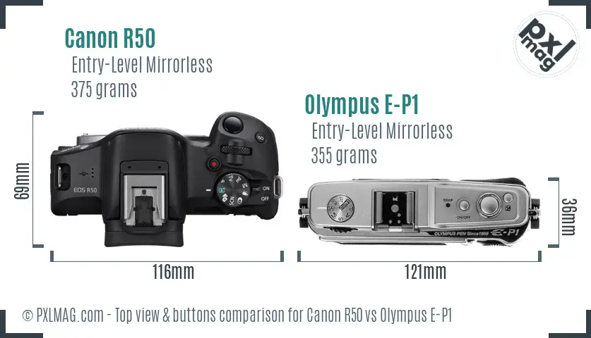 Canon R50 vs Olympus E-P1 top view buttons comparison