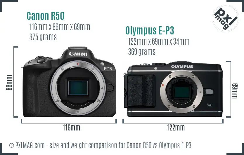 Canon R50 vs Olympus E-P3 size comparison