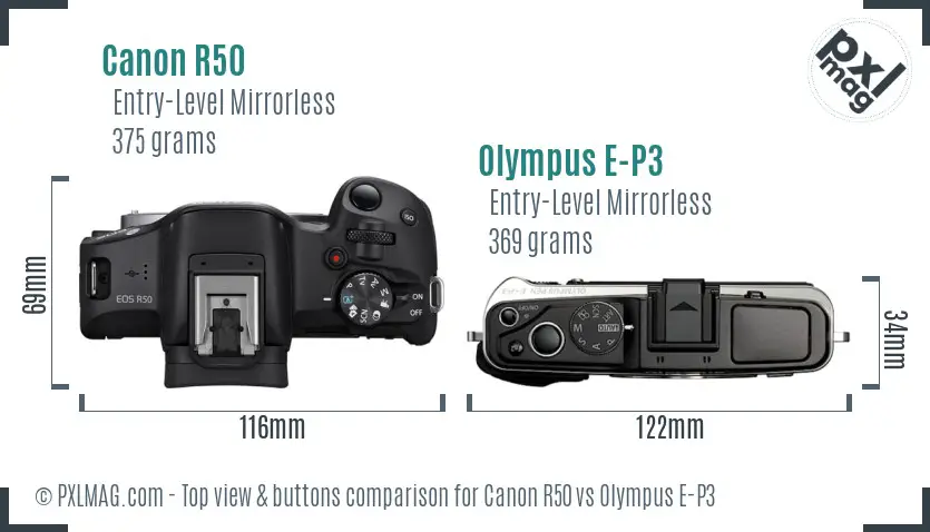 Canon R50 vs Olympus E-P3 top view buttons comparison