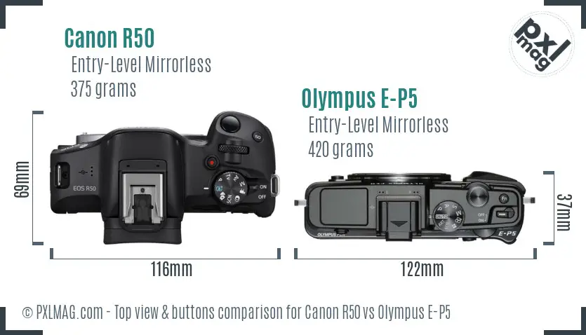 Canon R50 vs Olympus E-P5 top view buttons comparison