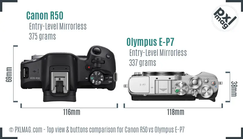 Canon R50 vs Olympus E-P7 top view buttons comparison