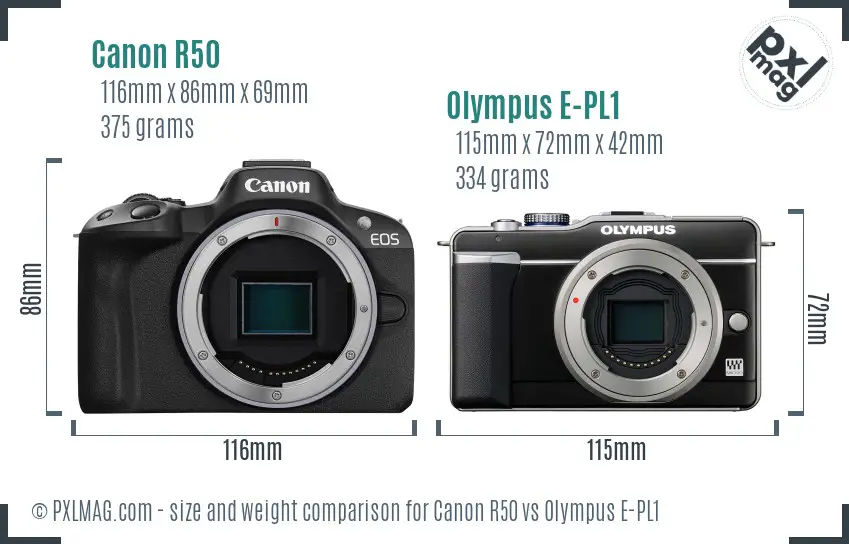 Canon R50 vs Olympus E-PL1 size comparison