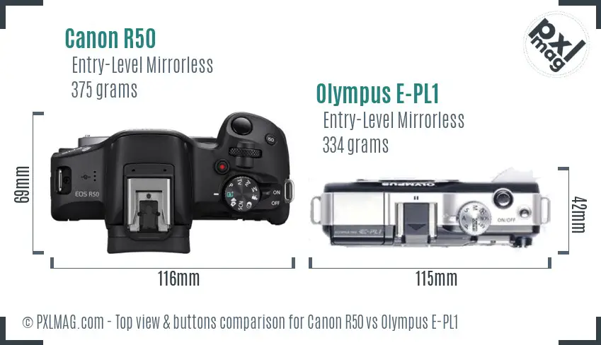 Canon R50 vs Olympus E-PL1 top view buttons comparison